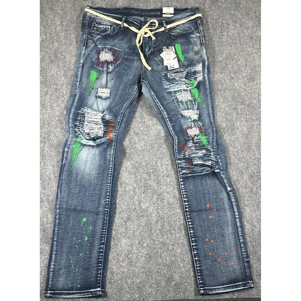 Rue21 Premium Skinny Flex Jeans Men's 34x34 Blue Distressed Paint Splatter NWT